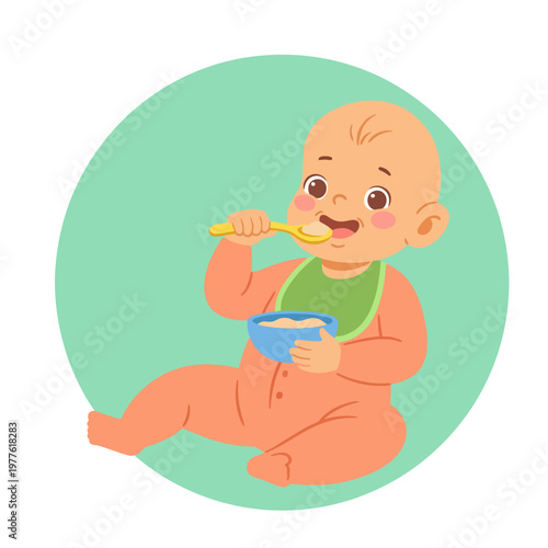 A baby is depicted joyfully eating with a spoon, representing the cherished moments of early childhood and the joy of feeding and nurturing young children.