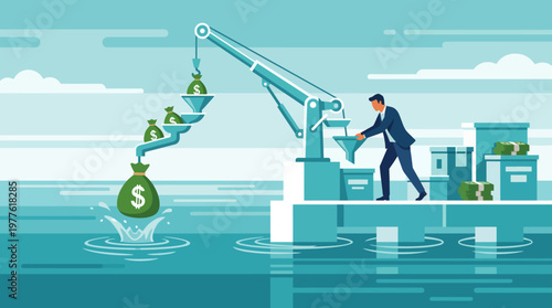 A businessman operates a money funnel machine, symbolizing the flow of wealth and innovative financial strategies to enhance monetary success and prosperity.