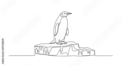 Minimalist single line drawing of an emperor penguin standing on an ice floe.