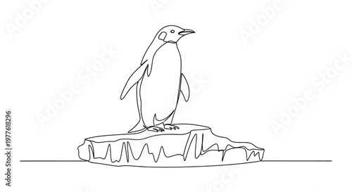 Minimalist Line Art Penguin Standing on Ice Floe