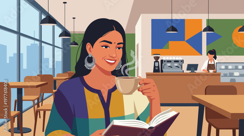 This inviting coffee shop image showcases a woman enjoying a warm cup of coffee while reading a book, reflecting the cozy atmosphere perfect for relaxation and leisure.