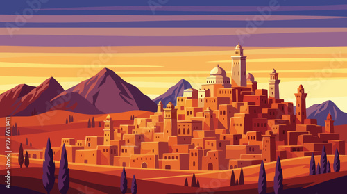 This stunning image captures a majestic castle set against the backdrop of a desert landscape under a colorful sunset, blending architectural beauty with natural wonders.