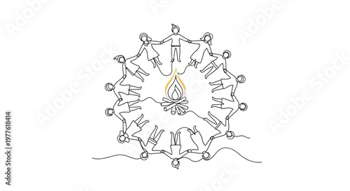 People Circle Holding Hands Around Campfire Illustration