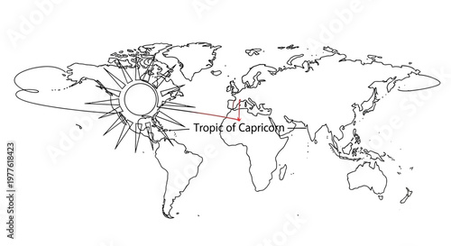World Map with Tropic of Capricorn Line and Sun Rays Graphic