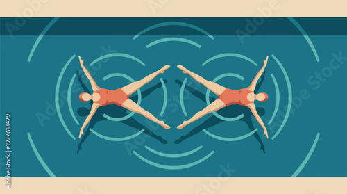 This artistic image features two swimmers synchronizing movements in a geometric pool setting, illustrating a serene yet dynamic interaction with water and spatial harmony.