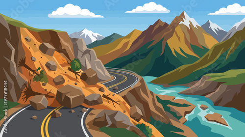 An illustrated winding mountain road featuring a dramatic landslide, surrounded by lush green hills and a river, highlighting the beauty of nature and the outdoors.