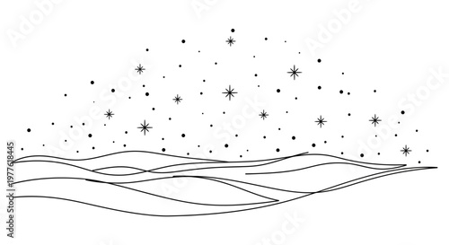 Abstract Starry Night Sky Over Wavy Landscape Line Art