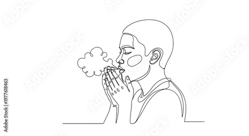 Woman blowing cloud of smoke, minimalist one line art drawing