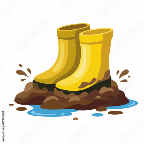 A pair of bright yellow rubber boots is shown resting in muddy water, suggesting outdoor activities and adventure while emphasizing practicality and fun in wet conditions.