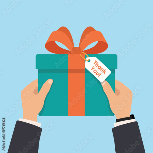 A pair of hands presents a beautifully wrapped gift box with a 'Thank You' tag, symbolizing gratitude, appreciation, and the warmth of giving in personal or professional settings.