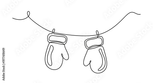 Winter Mittens Hanging on Clothesline, Minimalist One Line Drawing Art