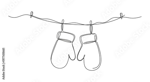 Minimalist Single Line Drawing of Winter Mittens Hanging on Clothesline