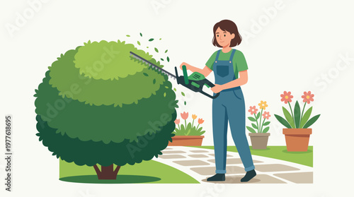 This cheerful illustration depicts a gardener trimming bushes in a vibrant garden, showcasing the joys of gardening and nurturing plants in a colorful outdoor environment.