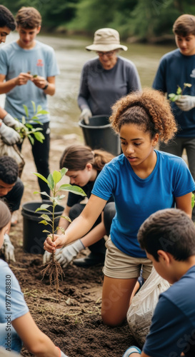 Volunteers work together in a muddy riverbank to plant young saplings as part of a community reforestation project to restore local ecosystems.