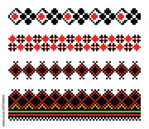 Set of traditional Ukrainian pixel linear border ornaments in red and black. Geometric fertility and protective symbols from Lviv vyshyvanka embroidery