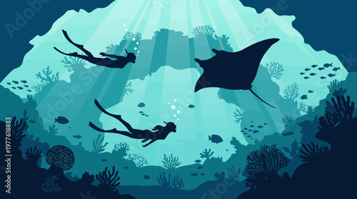 An enchanting underwater scene featuring divers amongst corals and marine life, showcasing the beauty of ocean exploration and the tranquility of the aquatic world.