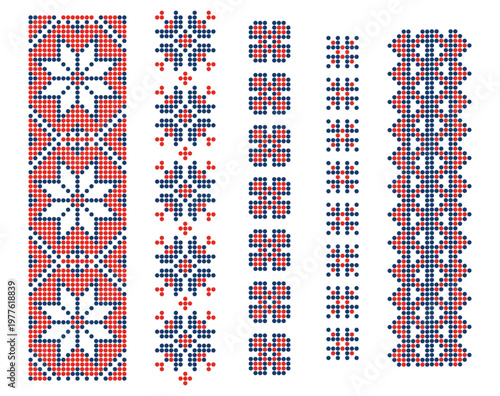Dotted collection of Ukrainian eight-pointed star sun ornaments in red and blue. Varied solar folk motifs from simple to intricate with celestial harmony symbols
