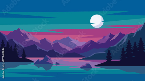 A stunning modern illustration of a mountain landscape at night, featuring a full moon reflecting on a serene lake, conveying tranquility and the beauty of nature.