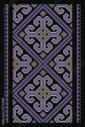 Ukrainian Lviv rhombic cross ornament in purple and yellow in dotted style on black. Vivid folk cardinal directions symbol on dark background