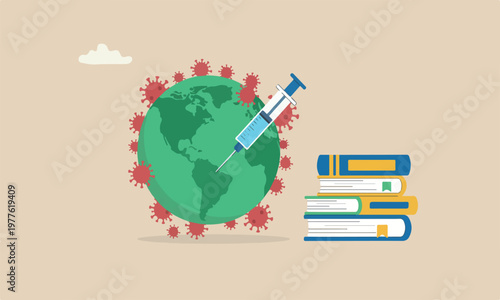 Coronavirus vaccin map meeting teams together on green sickness planet earth with red Coronavirus COVID-19 pathogen around