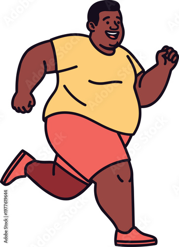 A cartoon illustration of an obese man running on transparent background