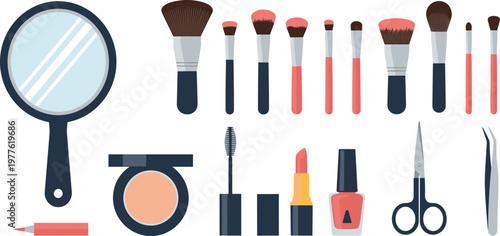 A collection of makeup products and tools on transparent background