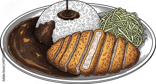 A plate of food with rice, meat and vegetables on transparent background