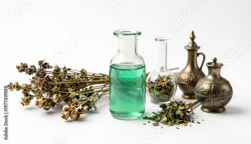 Vintage potion bottles with green liquid and herbs for Halloween concept