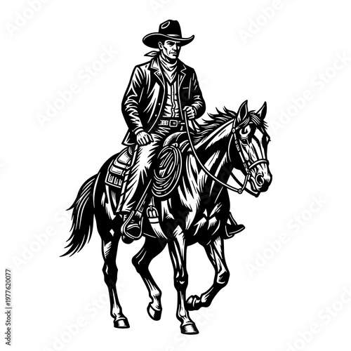Cowboy Riding Horse Vector Illustration, Western Rider on Horseback, Wild West Line Art Isolated on White Background