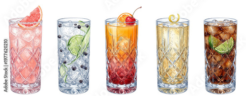 isolated watercolor illustration with highball cocktails featuring a paloma, gin and tonic, tequila sunrise whiskey highball and cuba libre in faceted glasses on transparent backgroun