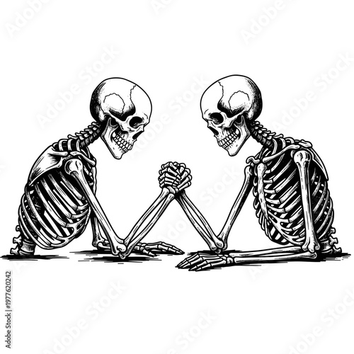 Skeleton Arm Wrestling Vector Illustration, Two Skulls Competing, Dark Gothic Line Art Isolated on White Background