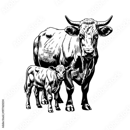 Cow with Calf Vector Illustration, Farm Livestock Animals Standing Together, Rural Agriculture Line Art Isolated on White Background