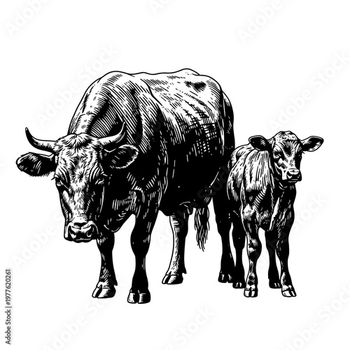 Cow and Calf Vector Illustration, Farm Livestock Animals, Rural Agriculture Line Art Isolated on White Background