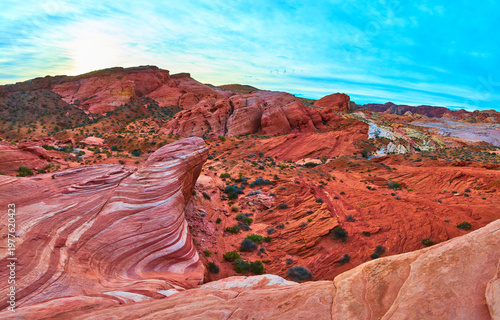 Panorama of Fire Wave Sandstone Hills and Desert Landscape Valley of Fire Nevada