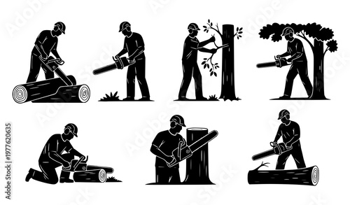 Landscaper chainsaw silhouettes set cutting trimming worker black solid vector illustration isolated on white