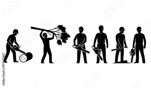 Minimal chainsaw worker silhouettes banner landscaper cutting wood black vector illustration isolated on white