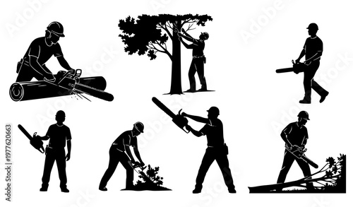 Dynamic chainsaw landscaper silhouettes collection cutting wood forestry worker black vector illustration set isolated on white background