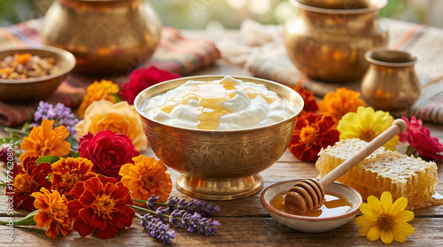 Close-Up of Panchamrit Sacred Mixture with Temple Offerings and Flowers