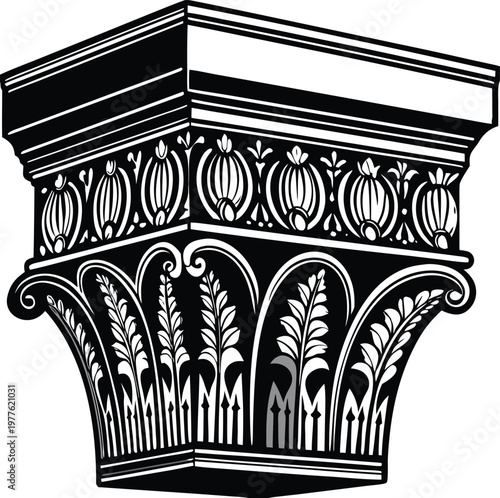Black and white, ancient Greek, architectural column capital, decorative element, vector illustration