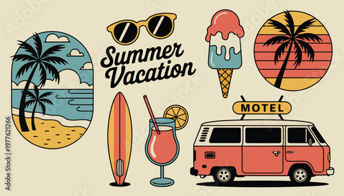 Retro summer vacation elements set beach, surf, van, ice cream, palm trees, cocktail