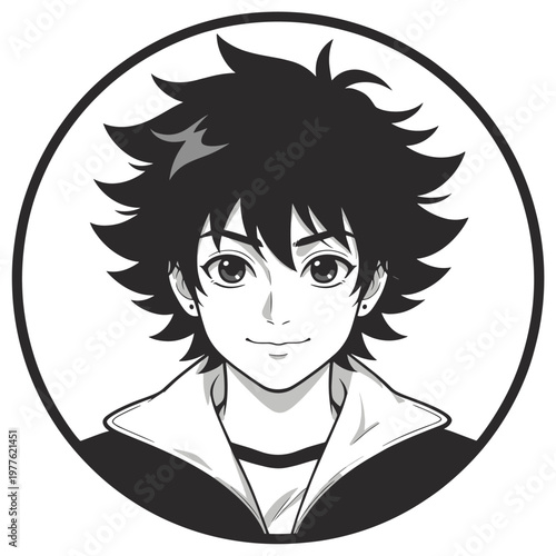 Black and white anime style portrait of a young man