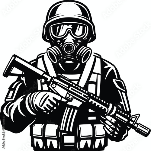 Professional military personnel wearing a protective gas mask and holding an assault rifle