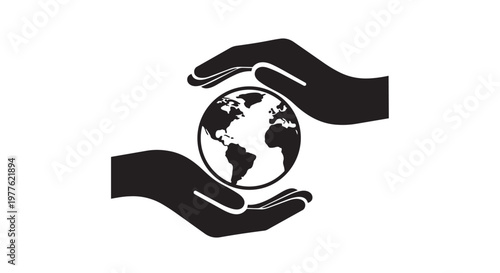 Eco friendly hands holding Earth globe, sustainability symbol, environmental care icon, black vector illustration