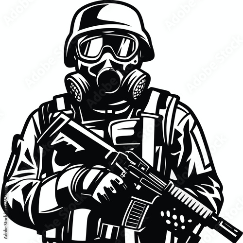 Elite special forces soldier wearing a gas mask and helmet with an assault weapon