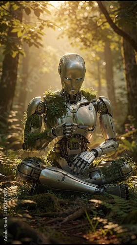 Humanoid robot gently examining a delicate flower in a lush forest, sunlight filtering through leaves, nature and machine contrast, emotional cinematic CGI, AI-generated looped video