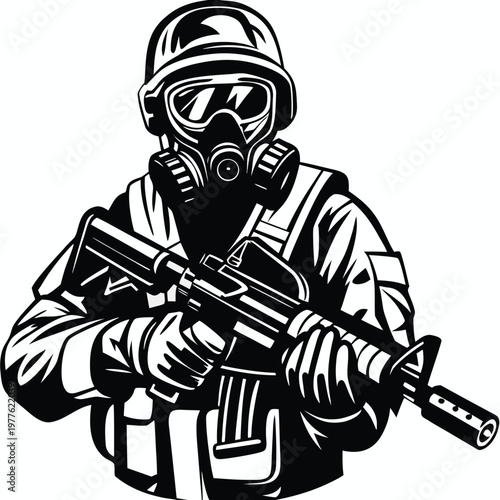 Armed military personnel in a gas mask and helmet holding a tactical assault rifle
