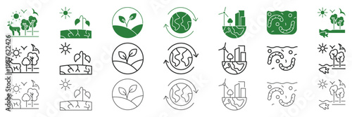 Sustainability ecosystem and renewable environment web line and solid icon set with forest, plant, earth recycle, wind energy, biodiversity and ecology symbol. Editable stroke