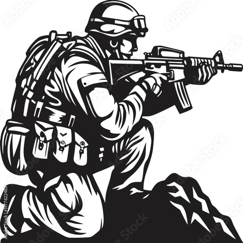 Military soldier in camouflage tactical gear aiming rifle across rocky terrain