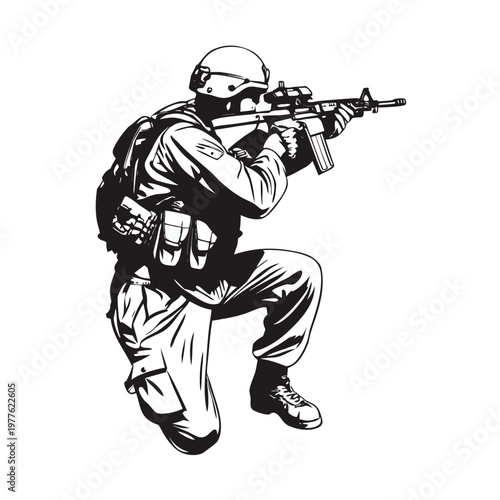 Soldier in full combat gear kneeling with assault rifle ready for precise aim