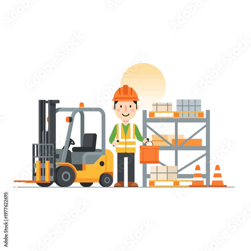A worker in an industrial setting operates a forklift beside a shelving unit.